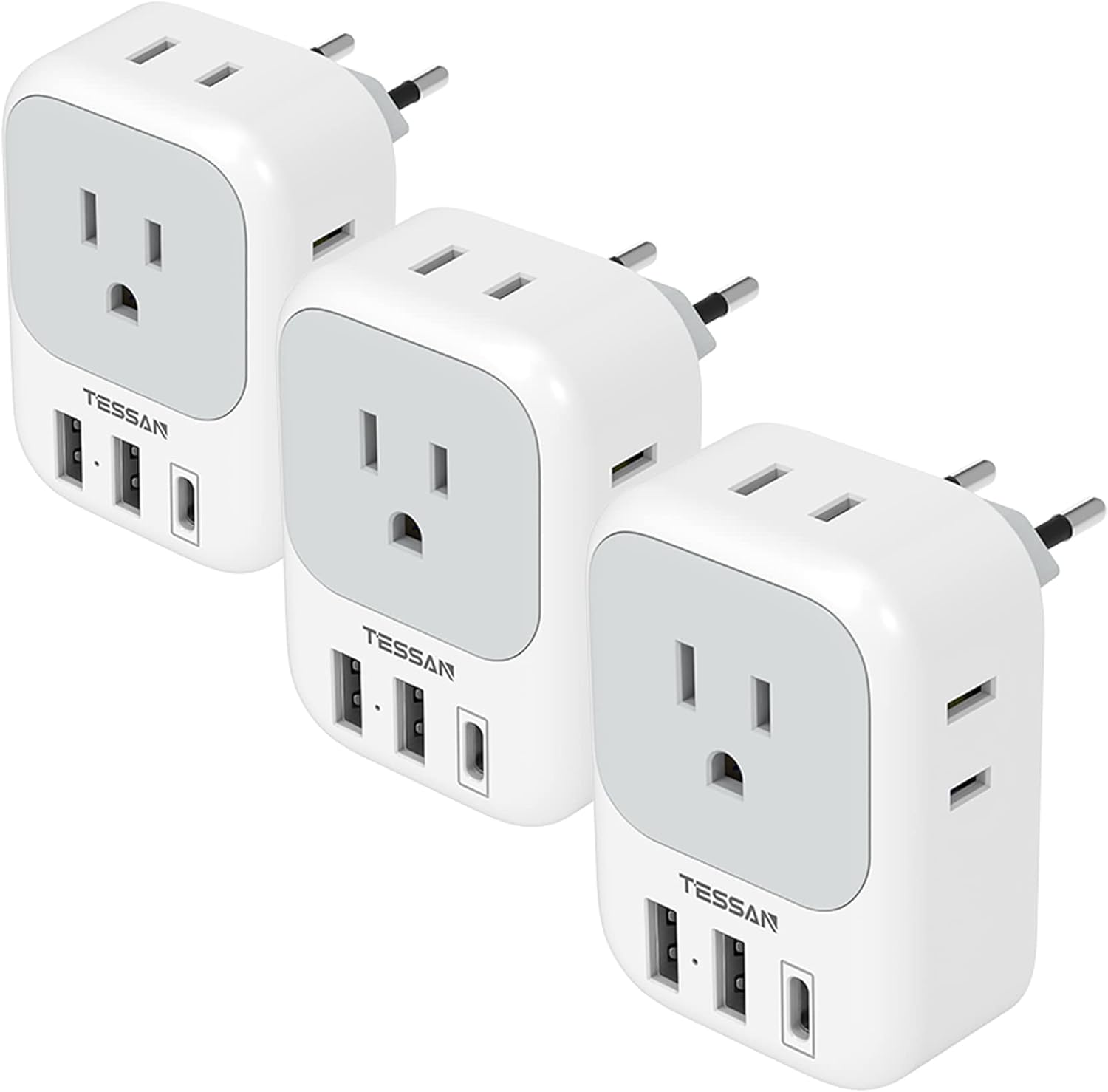 TESSAN 3 Pack European Travel Plug Adapter USB C, US to Europe Power Adapter with 4 AC Outlets and 3 USB (1 USB C), Euro Charger Adaptor Type C for USA to EU Spain France Iceland Italy Germany Greece