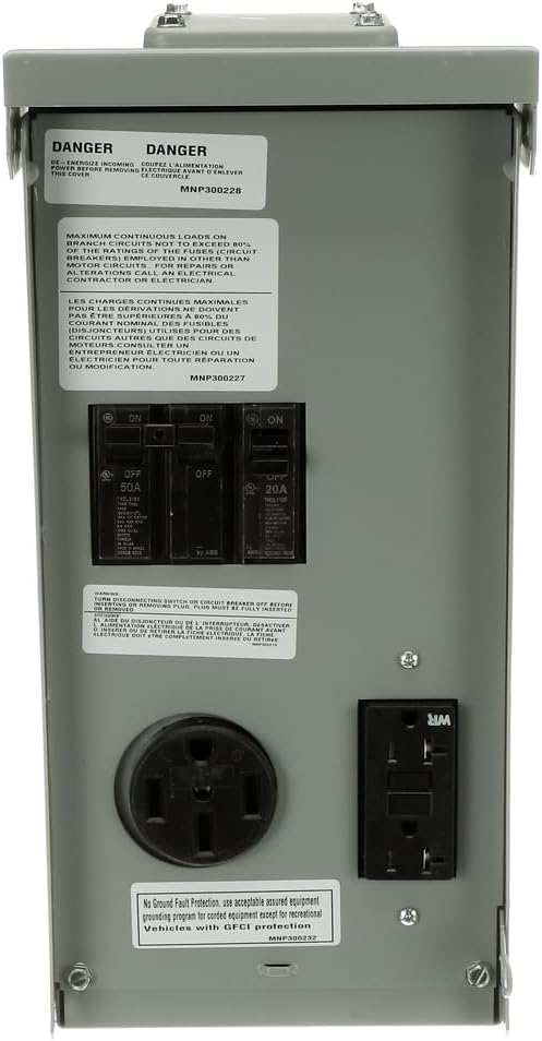 ABB Electric GE1LU502SS • Weatherproof RV Power Outlet • 70A Unmetered • N3R Surface Mounted • RV Equipment • 50A/20A Breakers with 14-50 RWR • 5-20R2 GFCI WR receptacles