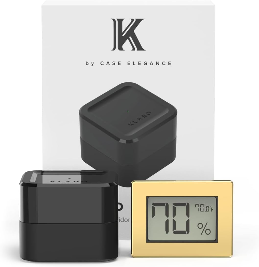 Klaro Valet – Smart Humidity & Temperature Hygrometer Sensor, App Notifications with Guided Seasoning, WiFi Bridge & Digital Display for 24/7 Remote Monitoring – Gold Finish (iOS & Android App)