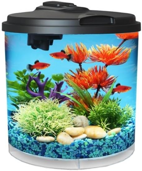 Koller Products AquaView 2-Gallon Plastic 360 Aquarium with Power Filter & LED Lighting for Tropical Fish – Betta Fish