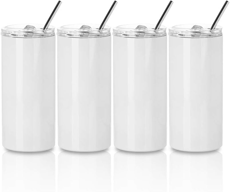 PYD Life Sublimation Blanks Tumbler Skinny 16 OZ Straight Stainless Steel Coffee Kids Tumbler with Lid and Metal Straw for Tumbler Heat Press Machine Sublimation Print 4 Pack (4, 16 OZ)