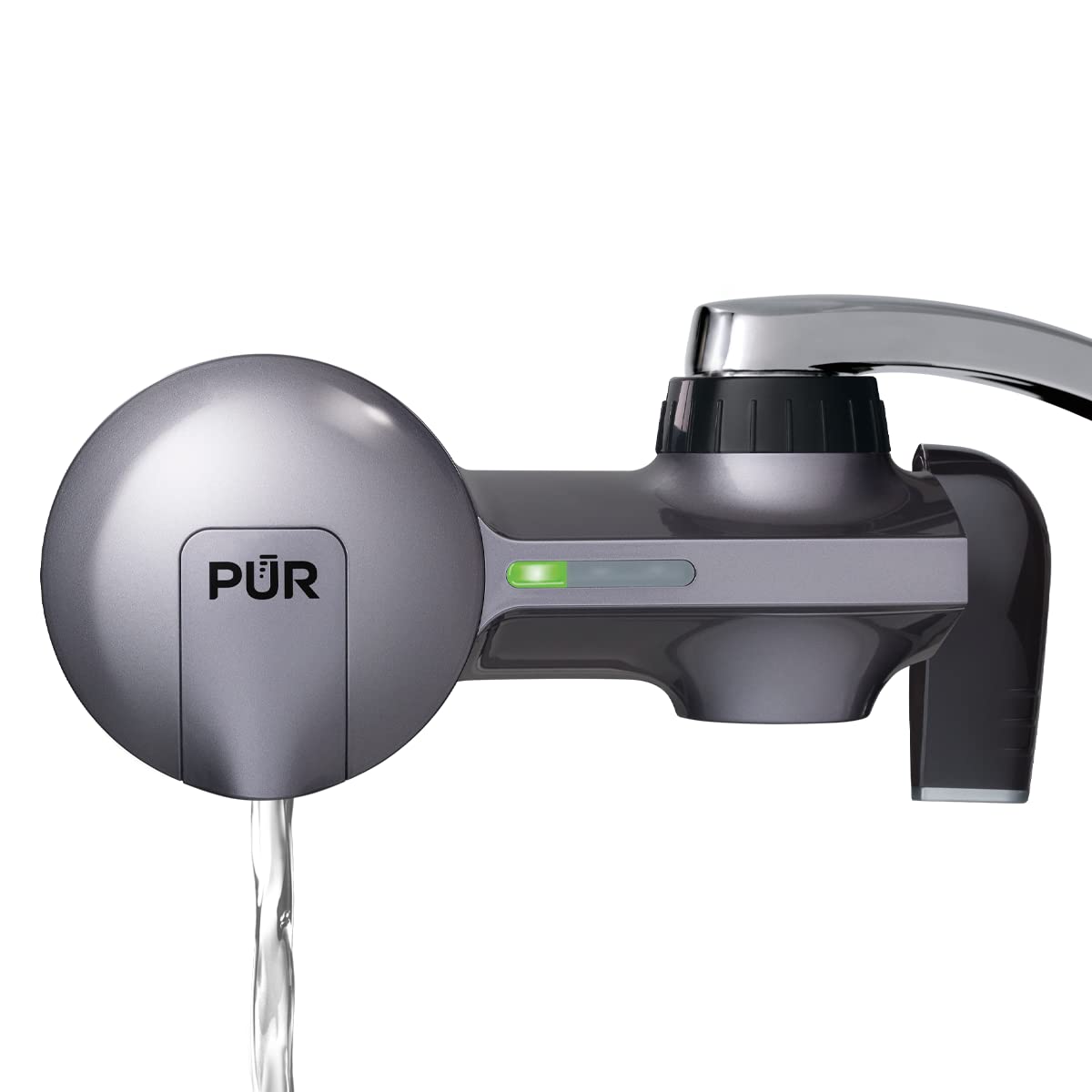 PUR PLUS Horizontal Faucet Mount Water Filtration System with 3-in-1 Lead Reducing Filter for Great-Tasting Filtered Tap Water, Lasts 100 Gallons, Fits Most Kitchen or Bathroom Faucets, Metallic Grey