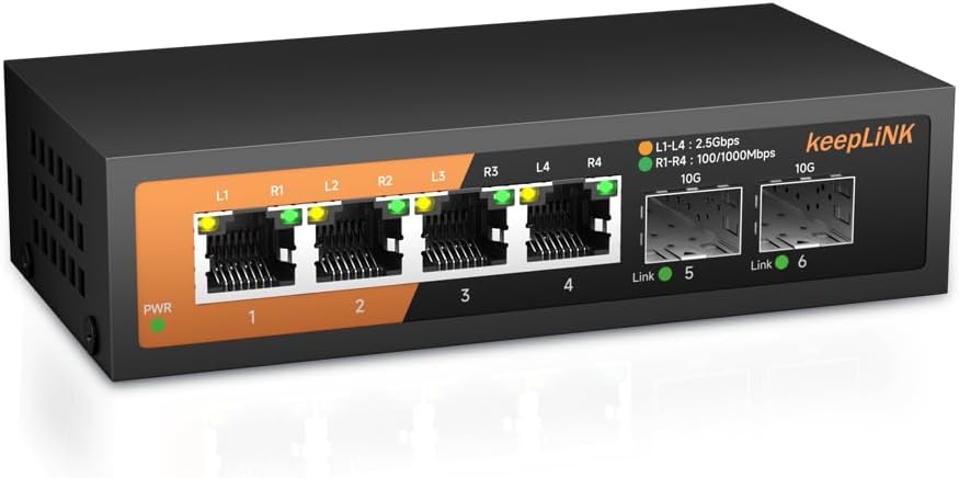 6-Port 2.5G Switch Unmanaged, 4 x 2.5GBASE-T Ports & 2 x 10GBASE-T SFP Slots, 60Gbps Switching Capacity, Plug & Play/Wall Mountable/Fanless Metal, Compatible with 1000Mbps Devices