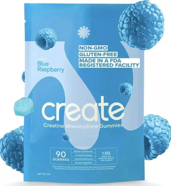 Create Creatine Monohydrate Gummies for Men & Women, Boost Focus, Strength, and Endurance, Anti-Melting Formula, Vegan, Gluten-Free, Non-GMO, 1.5g of Creatine per Gummy (Blue Raspberry, 90 ct)