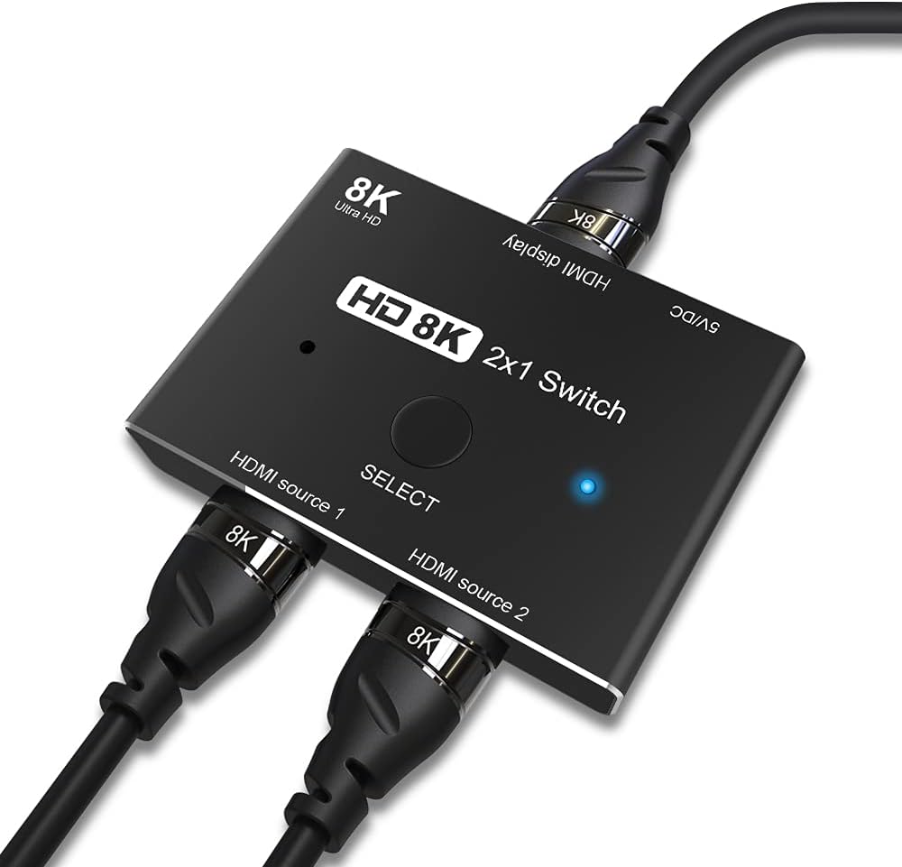 CABLEDECONN HDMI 2.1 Ultra HD 8K High Speed 48Gbps Directional Switch Adapter 2in 1out 8K@60Hz 4K@120Hz Converter Compatible with XBOX PS5 Projectors Monitors