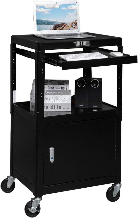 TUFFIOM AV Presentation Cart for Video Projector, Laptop Computer, Mobile Workstation Utility Media Cart for School Classroom Office, Rolling Storage Stand with Locking Cabinet Keyboard Shelf