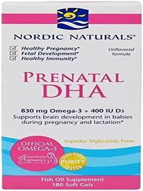 Nordic Naturals Prenatal DHA, Unflavored – 830 mg Omega-3 + 400 IU Vitamin D3-180 Soft Gels – Supports Brain Development in Babies During Pregnancy & Lactation – Non-GMO – 90 Servings