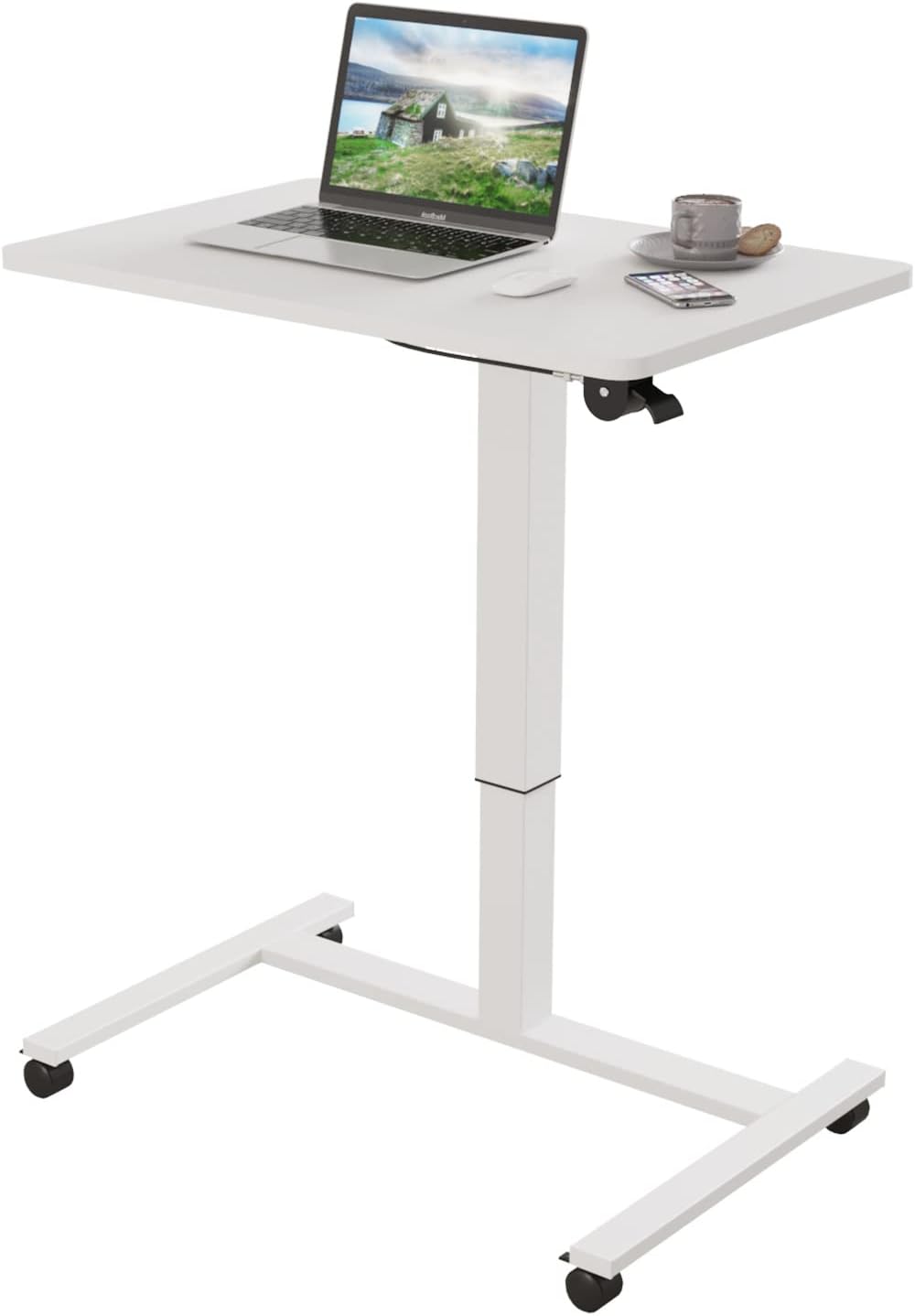 bilbil Pneumatic Mobile Desk, Gas-Spring Height Adjustable Sit to Stand Desk, Overbed Laptop Table Computer Cart with Lockable Wheels, Rolling Desk, Portable Work Table for Home, Office