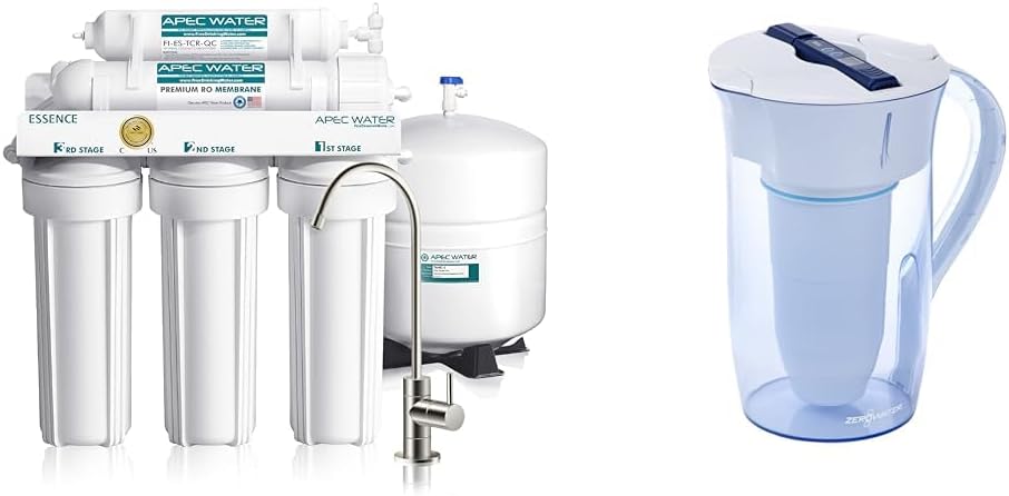 APEC Water Systems ROES-50 Essence Series Top Tier 5-Stage WQA Certified Ultra Safe Reverse Osmosis & ZeroWater 10-Cup Ready-Pour 5-Stage Water Filter Pitcher 0 TDS for Improved Tap Water Taste