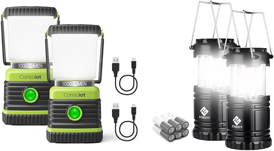 2 Pack LED Camping Lanterns, Consciot 1000LM Rechargeable Light and Etekcity 140LM Battery Powered Emergency Light