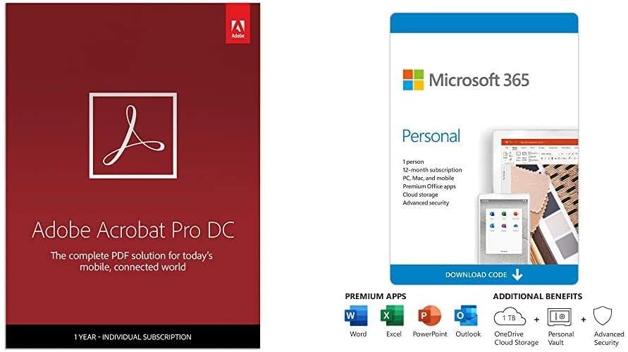 Adobe Acrobat Pro DC PDF Converter 12-month, Auto-renewing Subscription plus Microsoft 365 Personal 12-Month, Auto-renewing Subscription, PC/Mac