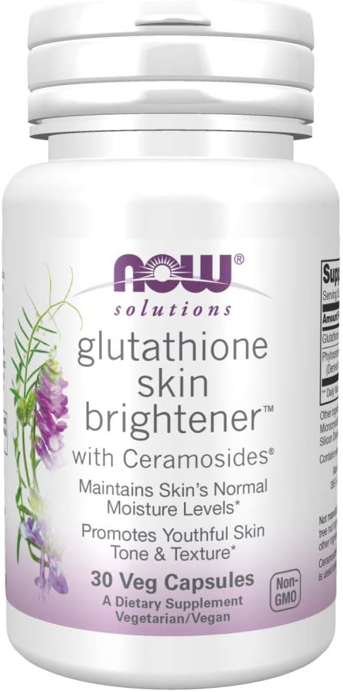 NOW Foods Solutions, Glutathione Skin Brightener with Ceramosides®, Moisturizing and Illuminating, 30 Veg Capsules