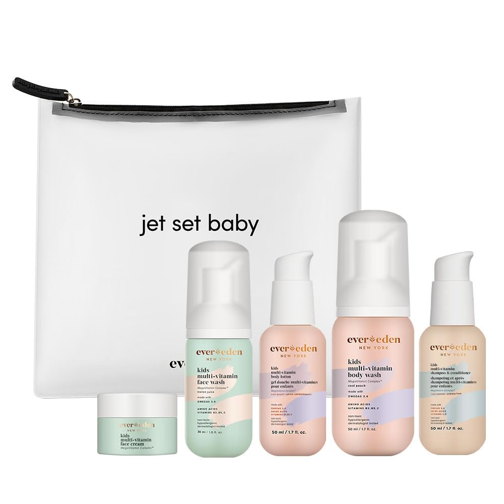 Evereden Kids Travel Set: Clean & Vegan 5-Piece Skin Care Set for Kids | Multi-Vitamin Kids Skin Care Set w/t Body Wash, Lotion, Face Wash, Cream, Shampoo & Conditioner | Stocking Stuffers for Kids