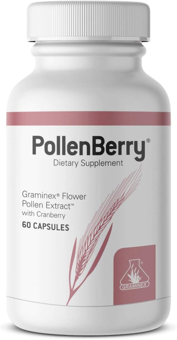 PollenBerry Dietary Supplement – G60 Concentrated Flower Pollen Extract, Cranberry Powder – Supports Skin, Urinary Tract, and Bladder Health – Natural Antioxidant, 60 Capsules