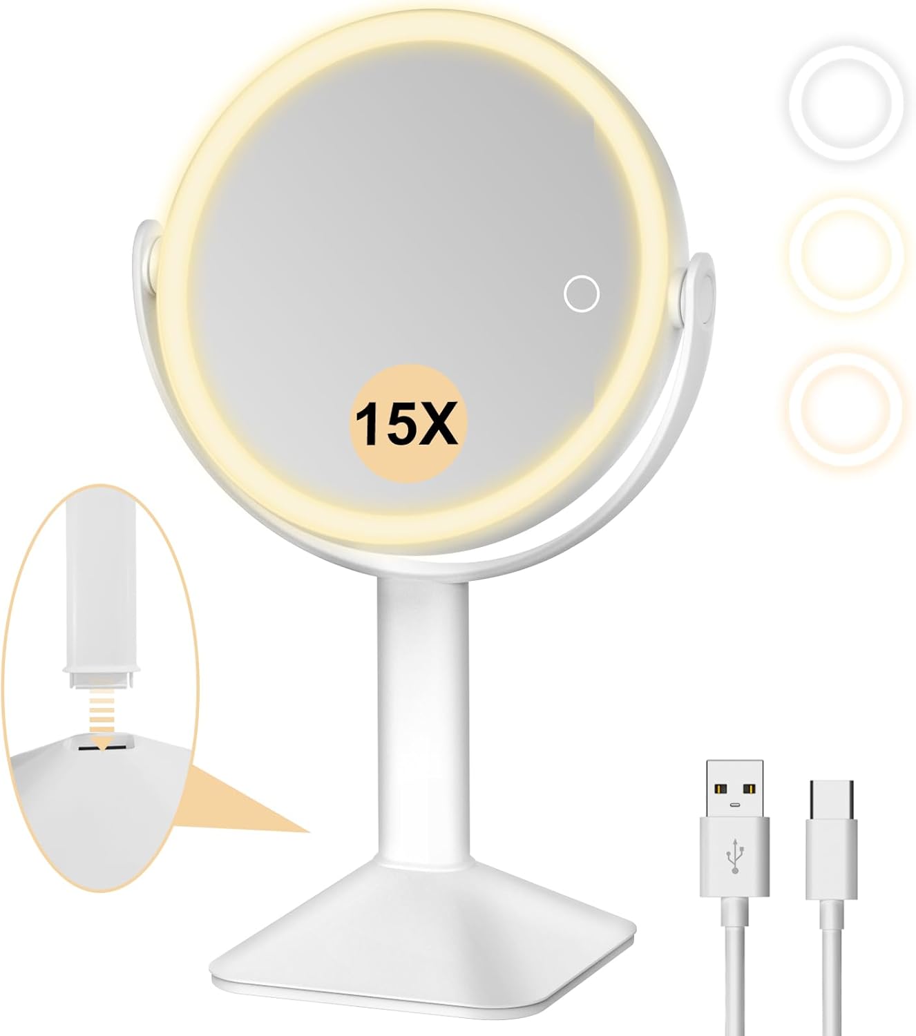 2600mAh Rechargeable Lighted Makeup Mirror,15X/1X Magnifying Double-Sided LED Vanity Mirror with Lights, 3 Color Lights, 360° Rotatable Desk Mirror with Touch Screen Dimmable, Gift for Women