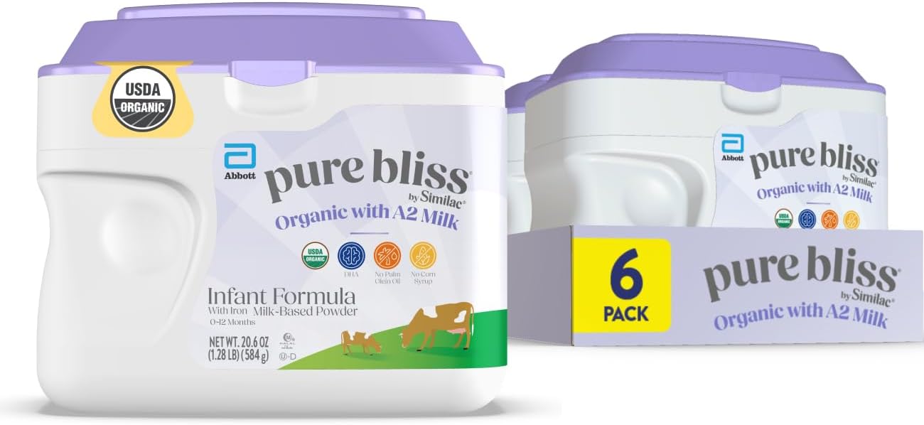 Pure Bliss by Similac Organic with A2 Milk Infant Formula, Easy to Digest, USDA-Certified Organic, Powder, 20.6-oz Tub, Pack of 6