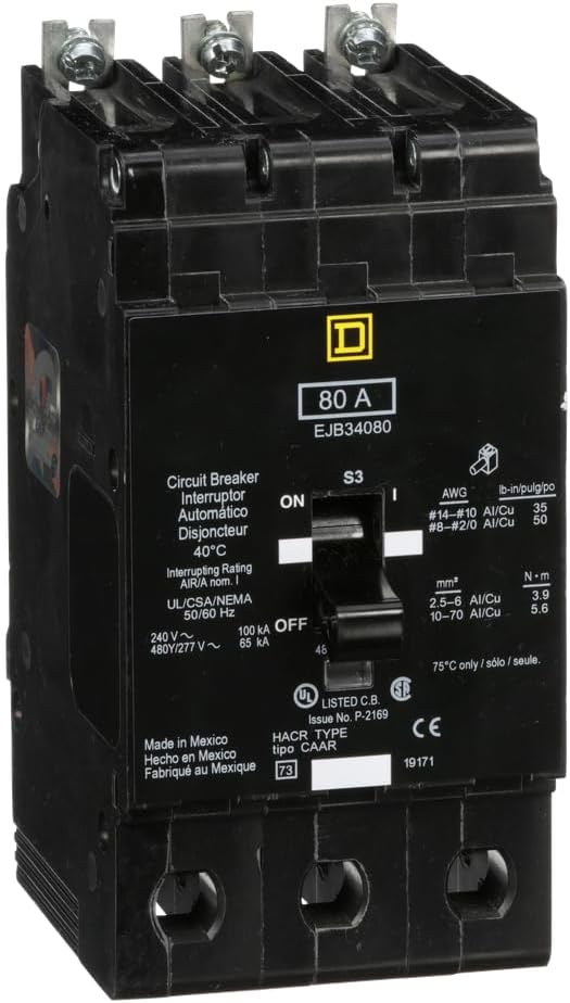 SCHNEIDER ELECTRIC EJB34080 Miniature Circuit Breaker 480Y/277-Volt 80-Amp Electrical Box