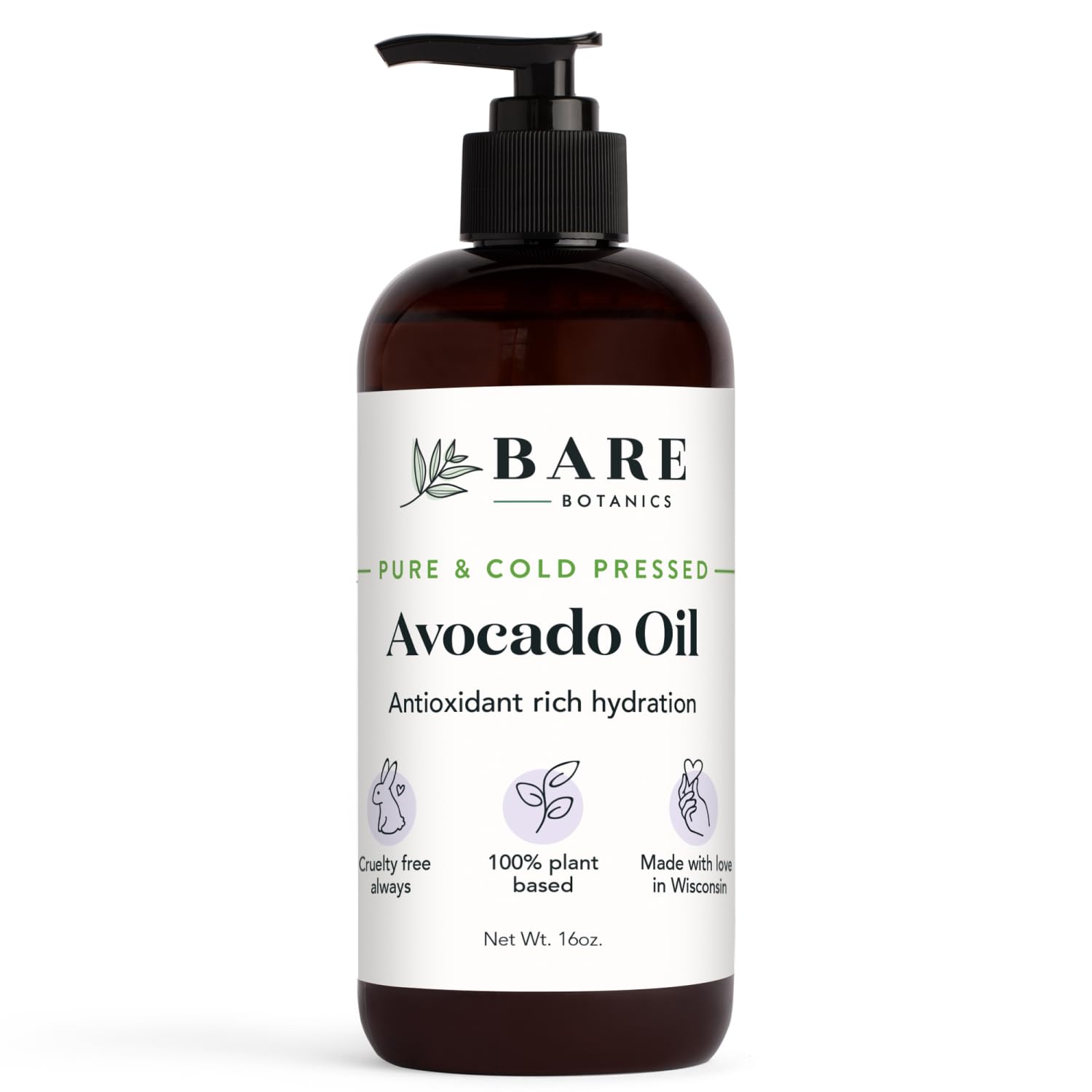 BARE BOTANICS 16oz Avocado Oil Cold Pressed & Pure Avocado Oil for Dry Damaged Hair & Dry Skin | Plant Based Carrier Oil for Essential Oils | 100% Natural Body Oil For Women & Men