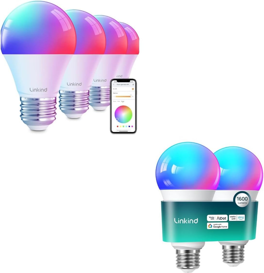 Linkind Smart Light Bulbs 1600LM (100W Equivalent) 2Pack Bundle Smart Light Bulbs 800LM (60W Equivalent) 4Pack (Work with Alexa & Google Home)