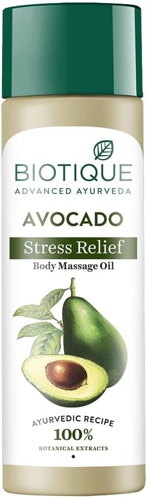 Bio.tique Cado Stress Relief Avocado Stress Relief Body Massage Oil | Heals and Hydrates Dry Skin | 100% Botanical Extracts | Suitable for All Skin Types | 200ml