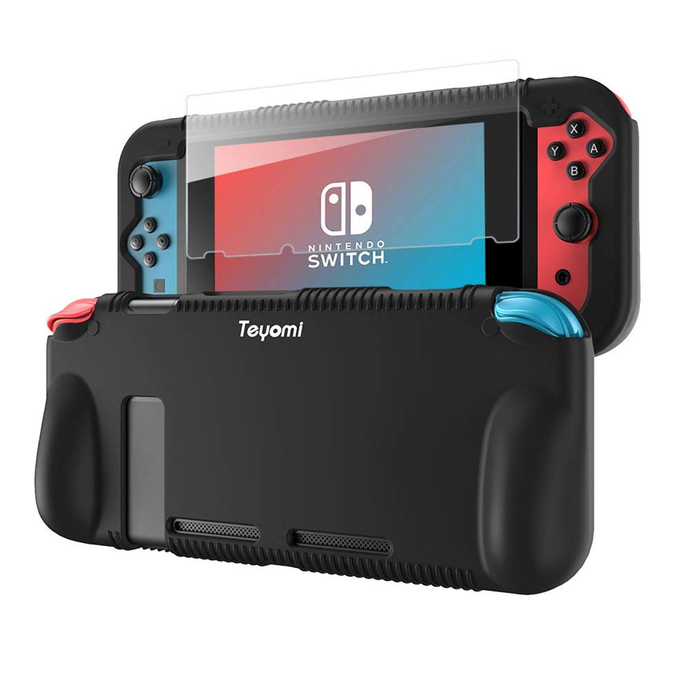 Teyomi Protective Silicone Case for Nintendo Switch, Grip Cover with Tempered Glass Screen Protector, 2 Storage Slots for Game Cards, Shock-Absorption & Anti-Scratch (Black)