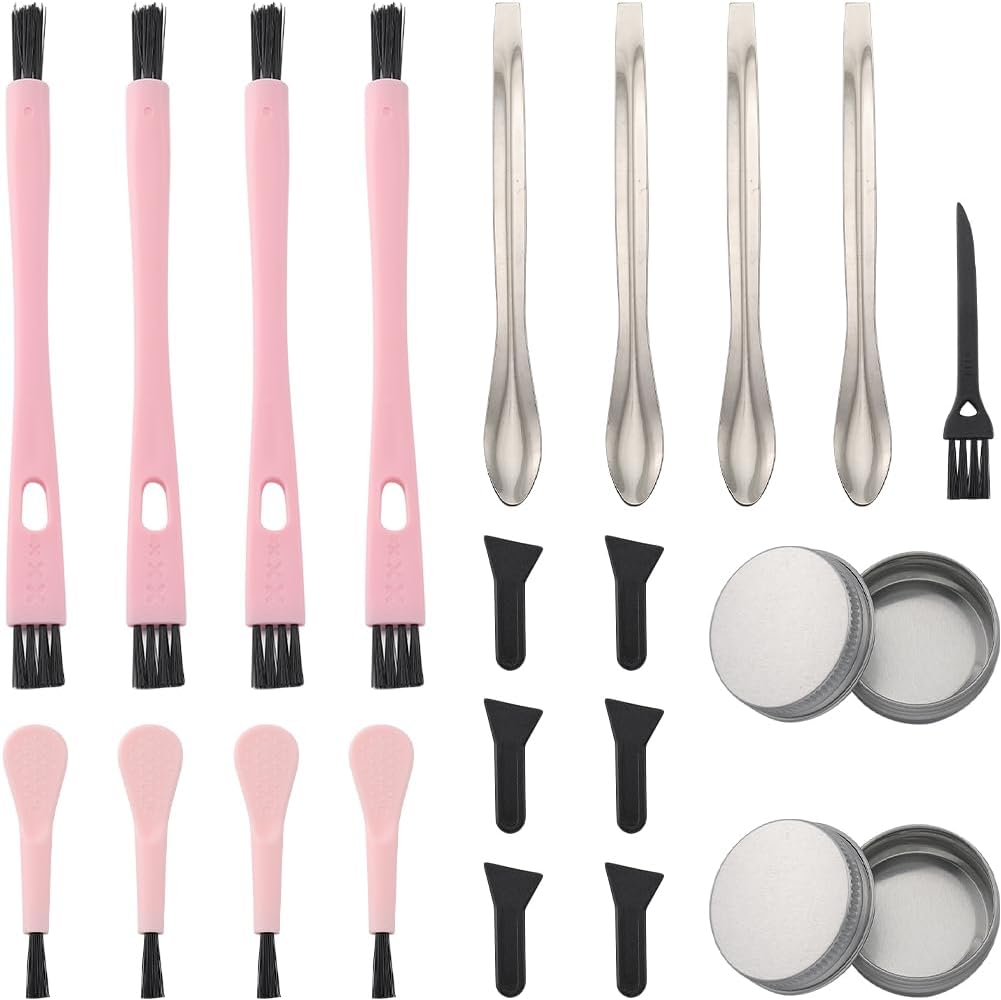 GORGECRAFT 21Pcs Pollen Scrapers Kit for Grinder Brushes Cleaners Tool Set Including 6Pcs Black Scraper+ 4Pcs Spoons+ 2Pcs Aluminium Storage Jar + 9Pcs Cleaning Brush(8Pcs 2 Styles Pink, 1Pc Black)