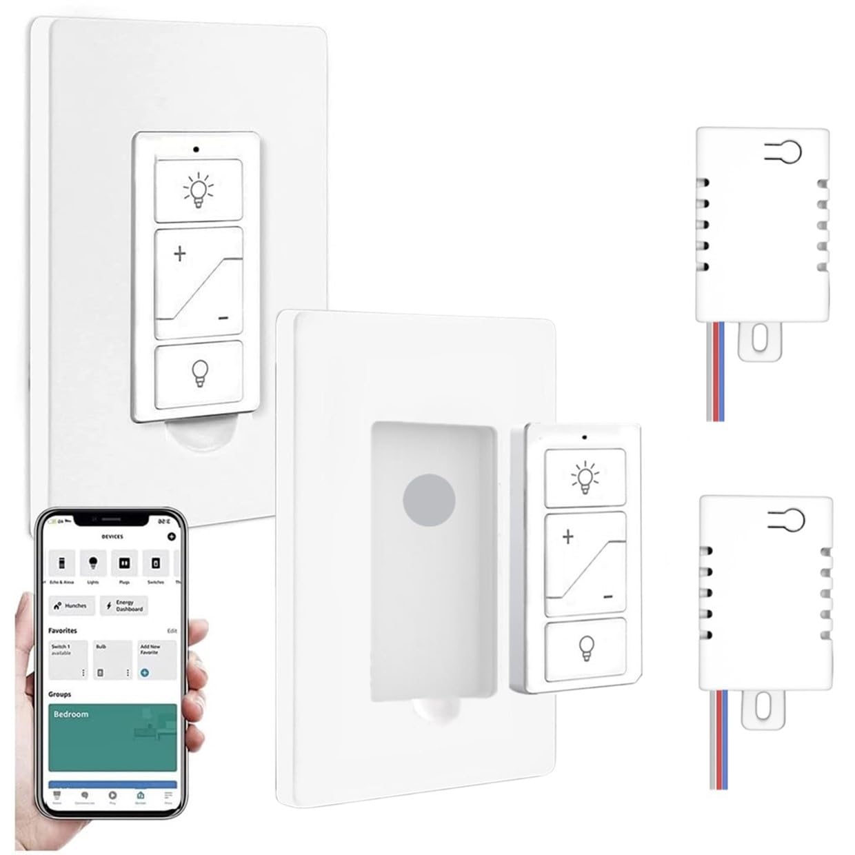 Nexete Smart Wireless Light Switch, Dimmer Switch & Receiver Kit No Wiring Wireless Remote Control,Remote & Voice Control,Bluetooth Work with Amazon Alexa Only ETL certified (2 Switches & 2 Receivers)