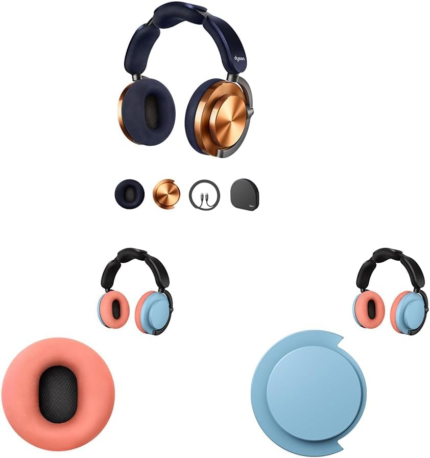 Dyson Bundle OnTrac Over Ear Wireless Headphones in CNC Copper with Oyster Pink Ear Cushions + Ceramic Blue Ear Caps – Noise Cancelling, Up to 55 Hours Battery Life(2), Customizable