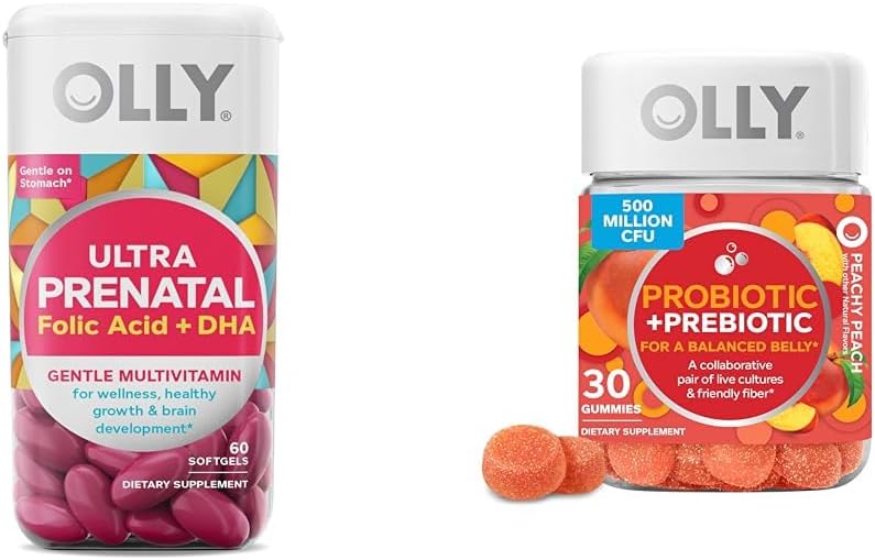 OLLY Ultra Strength Prenatal Multivitamin Softgels, Supports Healthy Growth, Brain Development & Probiotic + Prebiotic Gummy, Digestive Support and Gut Health, 500 Million CFUs, Fiber