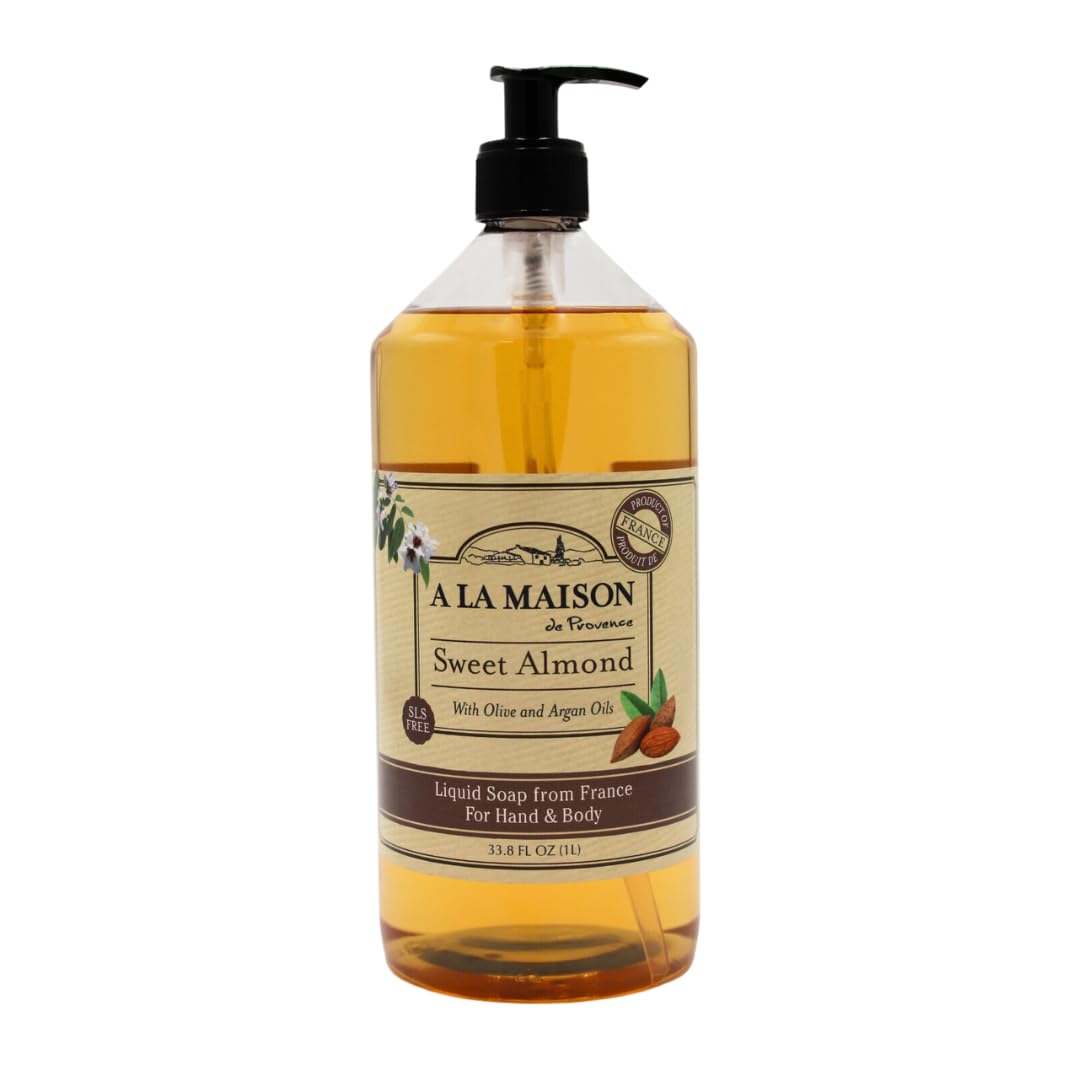 A LA MAISON French Liquid Hand Soap, Sweet Almond – Natural Hand Wash Made with Essential Oils – Biodegradable, Plant-Based, Vegan, Cruelty-Free, Alcohol & Paraben Free (33.8 oz size, 1 Pack)