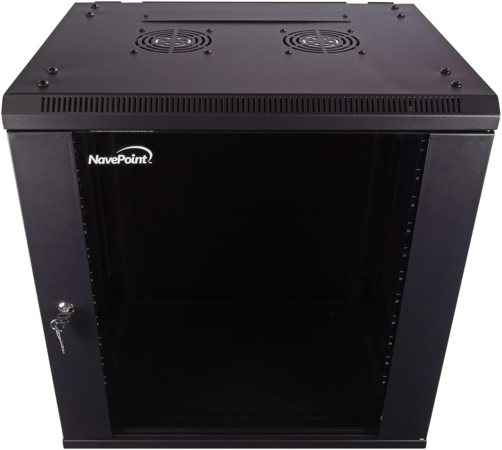 NavePoint 12U Server Cabinet Wall Mount Rack Enclosure Includes 2 Fans, Locking Glass Door, Removable Side Panels – 12U Network Cabinet 17.7” Deep, 19 Inch Server Rack for IT and A/V Equipment