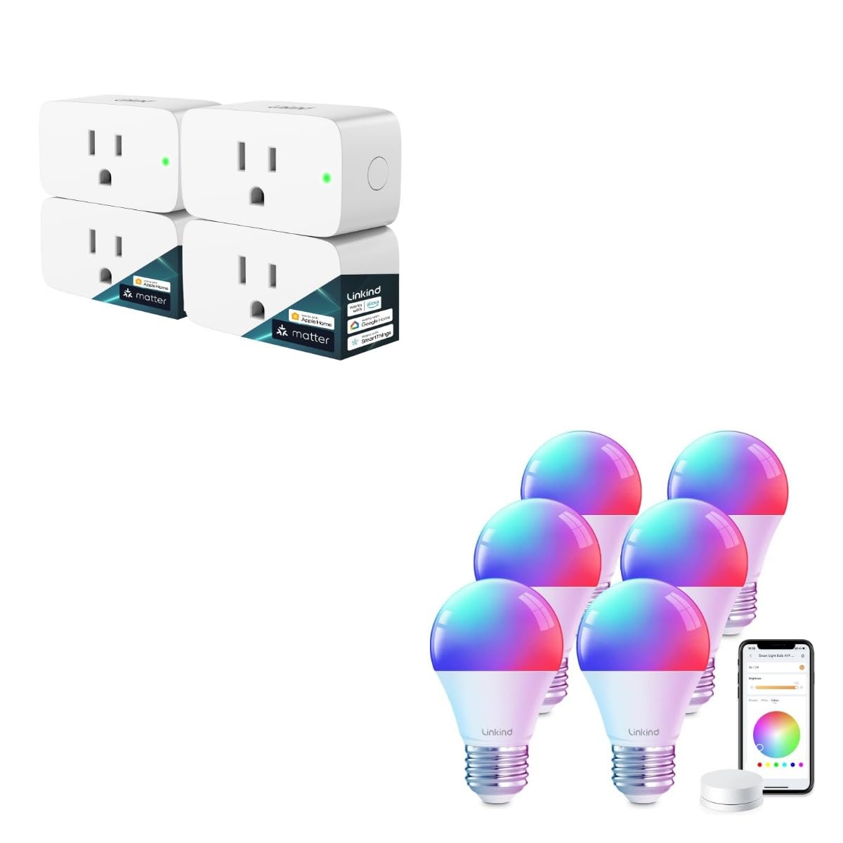 Linkind Smart Light Bulbs with Remote Control, Smart Bulb That Work with Alexa & Google Home bundel with Linkind Matter Smart Plug, Work with Apple Home, Siri, Alexa, Google Home, SmartThings