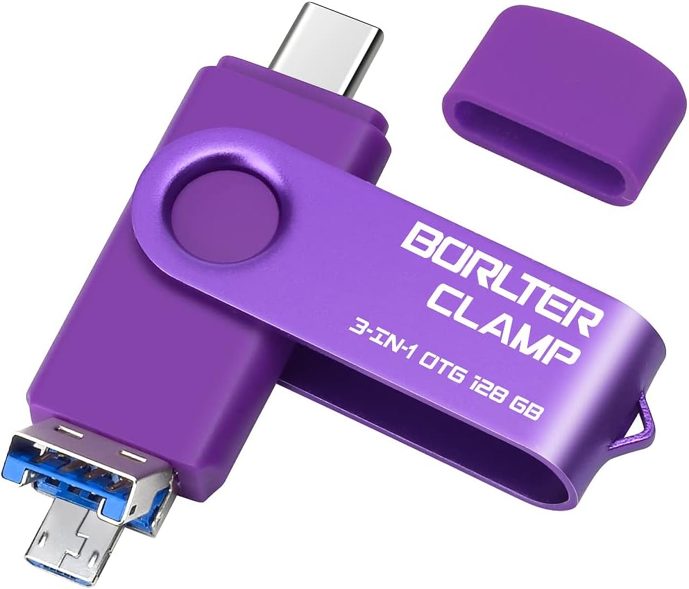 128GB 3 in 1 USB 3.0 Flash Drive Photo Stick for Android Phones, BorlterClamp OTG Memory Stick with 3 USB Ports (USB C, microUSB, USB A) for Samsung Galaxy, LG, Tablets, PC and More, Purple