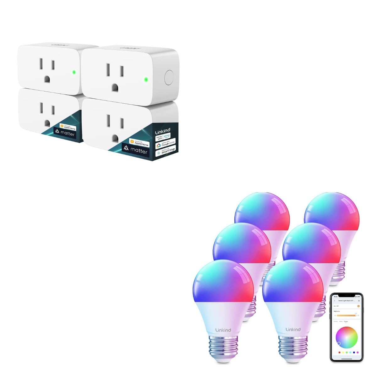 Linkind Color Changing Smart WiFi Light Bulbs, Work with Alexa & Google Home Bundle with Linkind Matter Smart Plug, Work with Apple Home, Siri, Alexa, Google Home, SmartThings