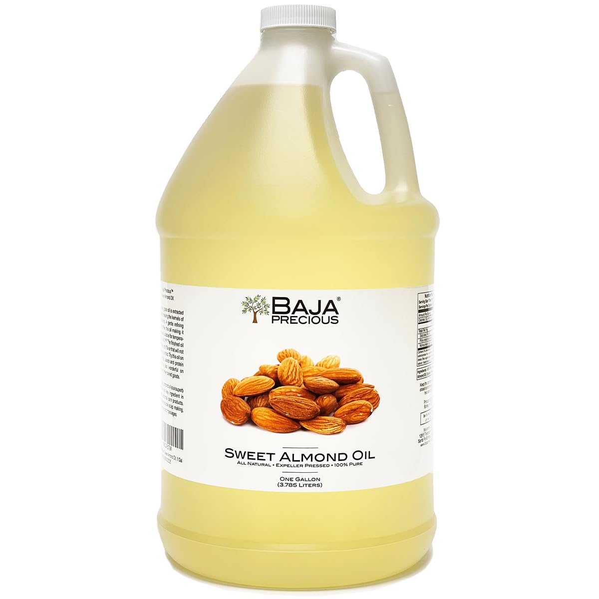 Baja Precious – Sweet Almond Oil, 100% Pure, 1 Gallon Jug – Food Grade Perfect for Cooking, Cosmetics, Massages, Soapmaking & More