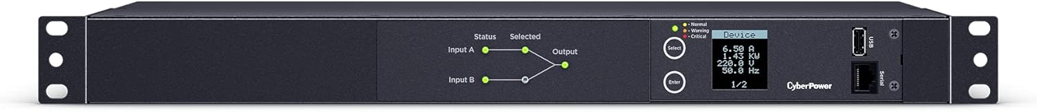 CyberPower PDU24006 Metered ATS PDU, 200-240V, 20A (Derated to 16A), 10 Outlets, 2U Rackmount