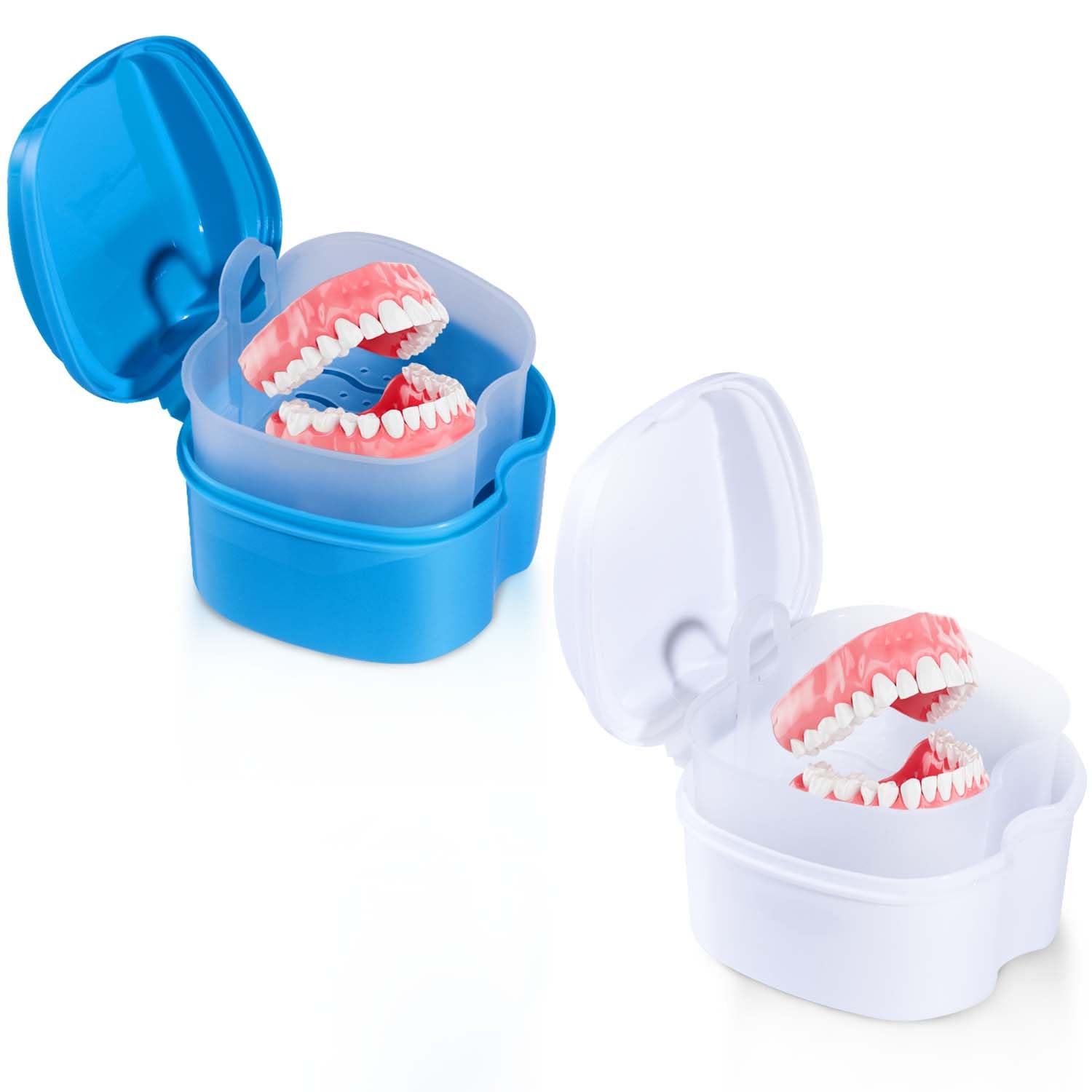 OBTANIM 2 Pack Denture Bath Cup Case Box Holder Storage Soak Container with Strainer Basket for RetainersTravel False Teeth Cleaning (White, Green)