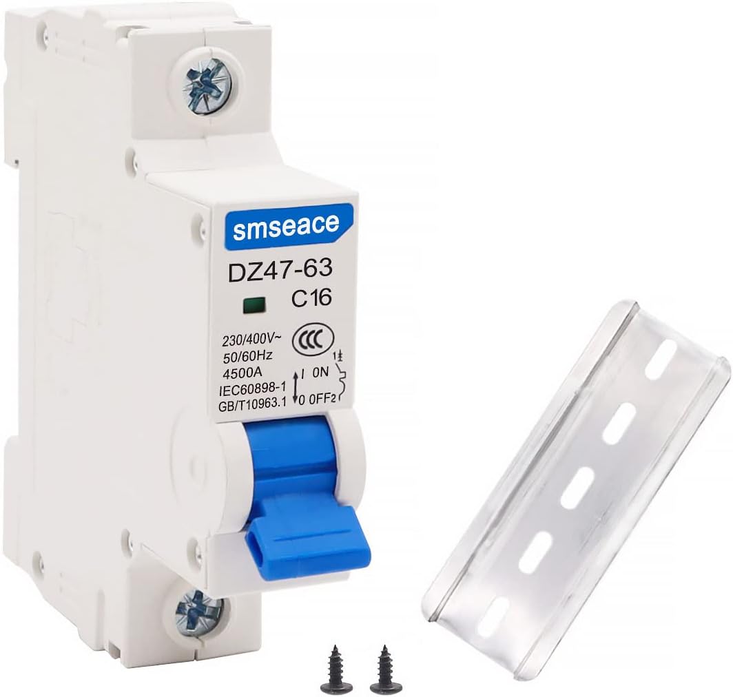 smseace Miniature Circuit Breaker Low Voltage AC 16A 230/400V, 1 Pole AC Disconnect Switch C16 DIN Rail Mount Used to Protect Circuit Equipment