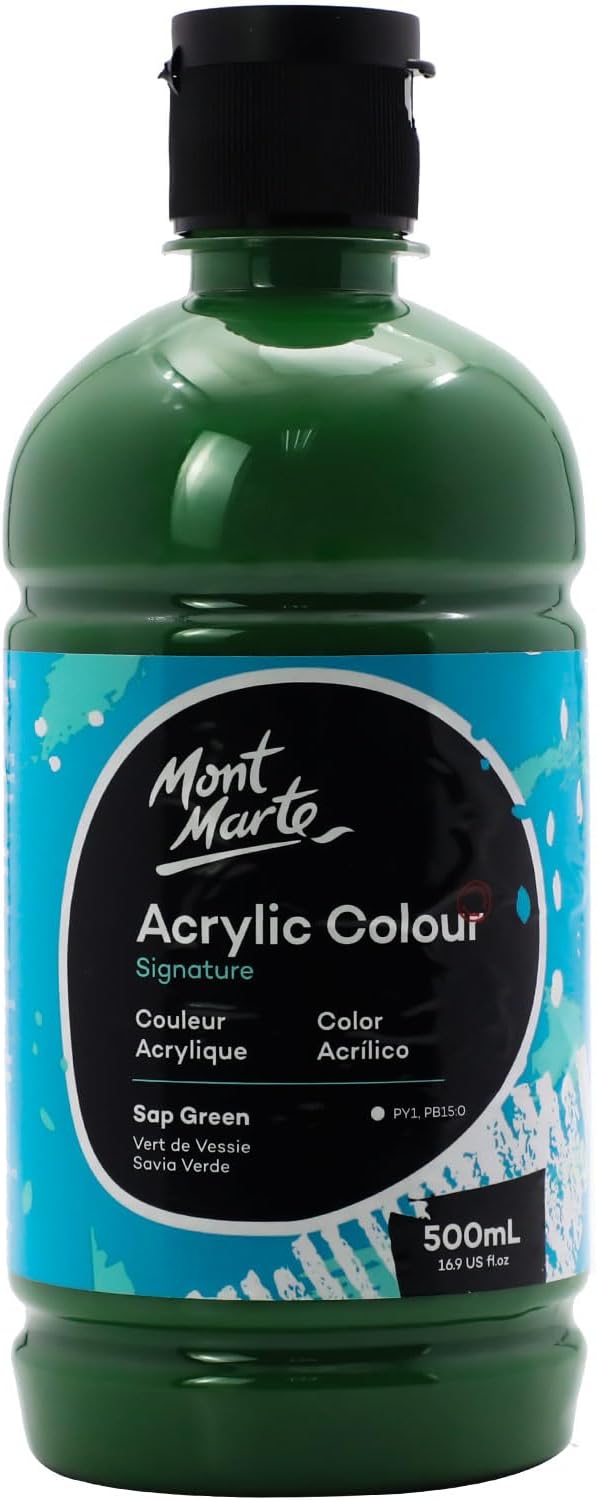 Mont Marte Signature Sap Green Acrylic Paint, 16.9oz (500ml), Semi-Matte Finish, Suitable for Canvas, Wood, Fabric, Leather, Cardboard, Paper, MDF and Crafts