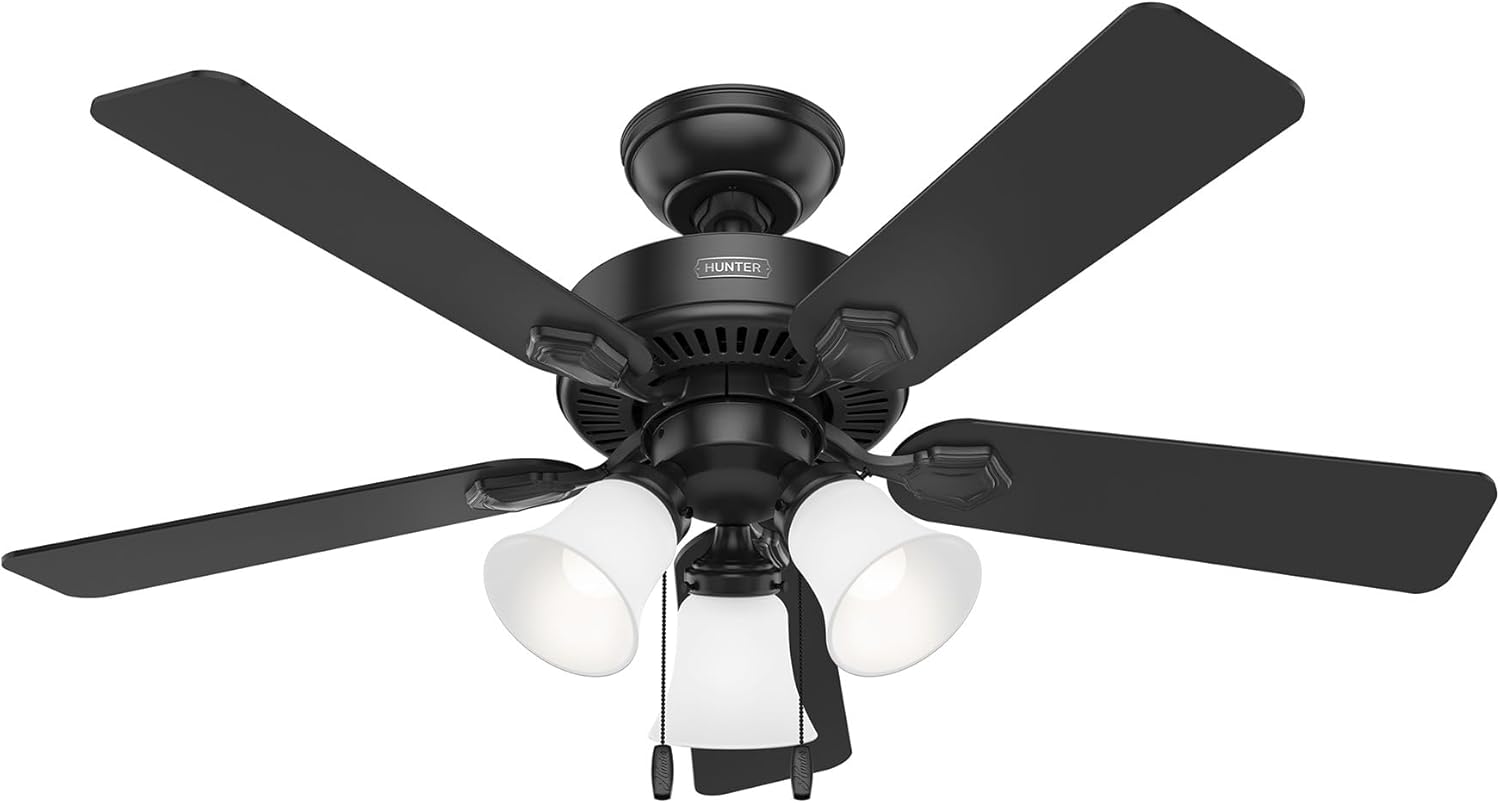 Hunter – Swanson 44-inch Indoor Matte Black Energy Star Ceiling Fan with Dimmable LED Light Kit, 4-speed DC Motor, 52789