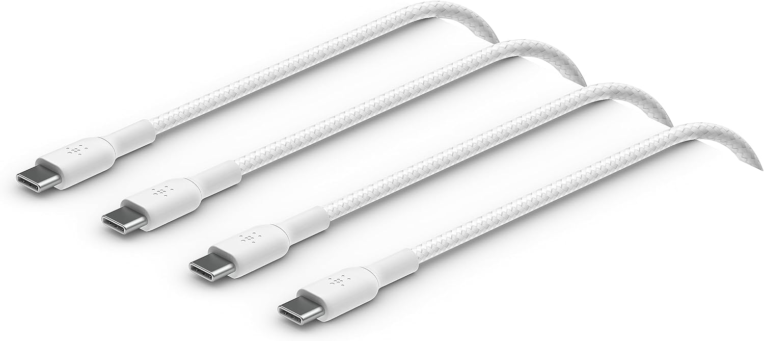 Belkin BoostCharge Braided USB-C to USB-C Cable (2M/6.6ft) for iPhone 16, iPhone 16 Pro, iPhone 16 Pro Max, iPhone 16 Plus, Galaxy S24, S23, Note10, Note9, Pixel 9, iPad Pro, & More – White (2-Pack)