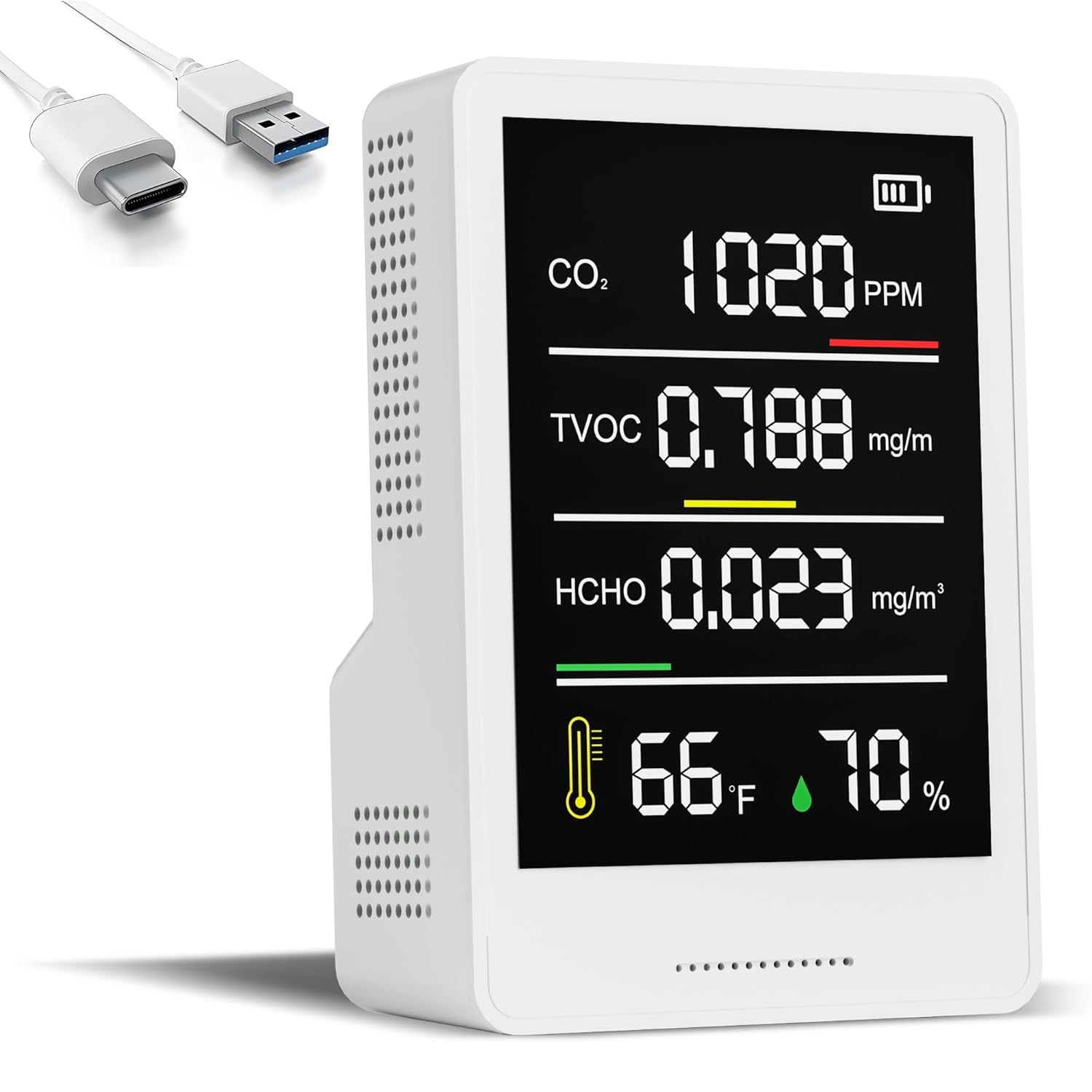 Indoor Air Quality Monitor Professional CO2 Monitor | Temperature | Formaldehyde Detector | Humidity TVOC with Alarm for Rooms, Cellars, Grow Tents, Air Quality Tester (White)