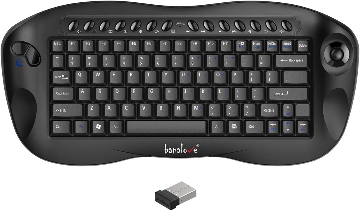 2.4Ghz Wireless Debounce Keyboard and Trackball Mouse Combo,Mini Portable Keyboard with Built in Mouse Combination,HTPC Home Theater Keyboard,Smart TV Multimedia Set-Top Box Keyboard (banalove Black)