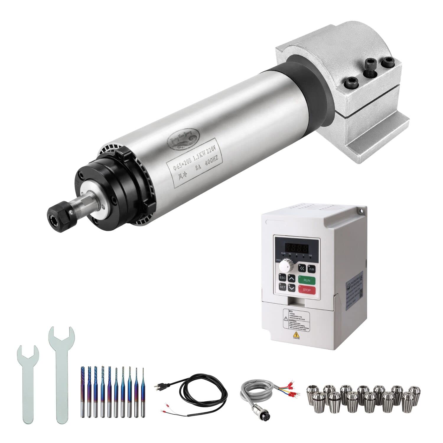 CNC Spindle Motor Kits, 220V 1.5KW CNC Spindle Air Cooled Spindle Motor+220V 1.5KW VFD+Φ65mm CNC Clamp Mount + ER11 Collet Set+ Drill Bits+Wrenches for CNC Router Mahine