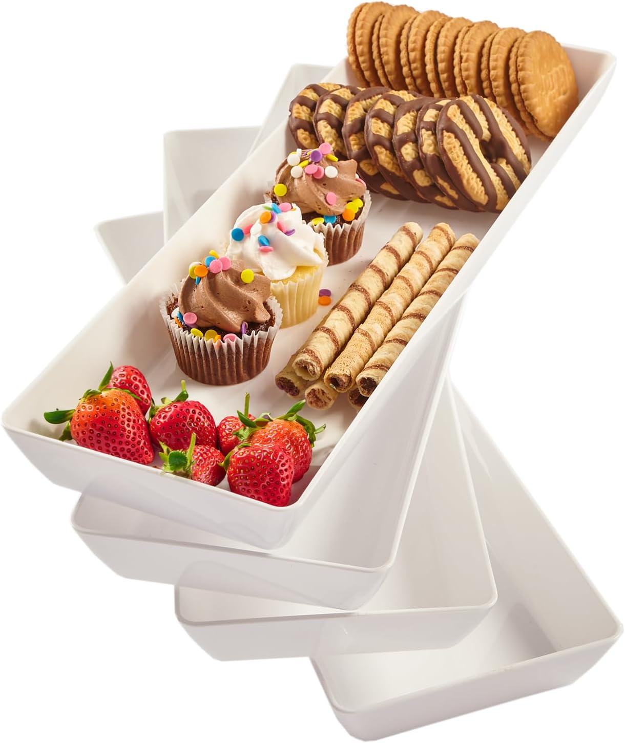 US Acrylic Avant White Plastic Serving Trays (Set of 4) 15” x 5” | Narrow Reusable Rectangular Party Platters | Serve Appetizers, Fruit, Veggies, & Desserts | BPA-Free & Made in USA