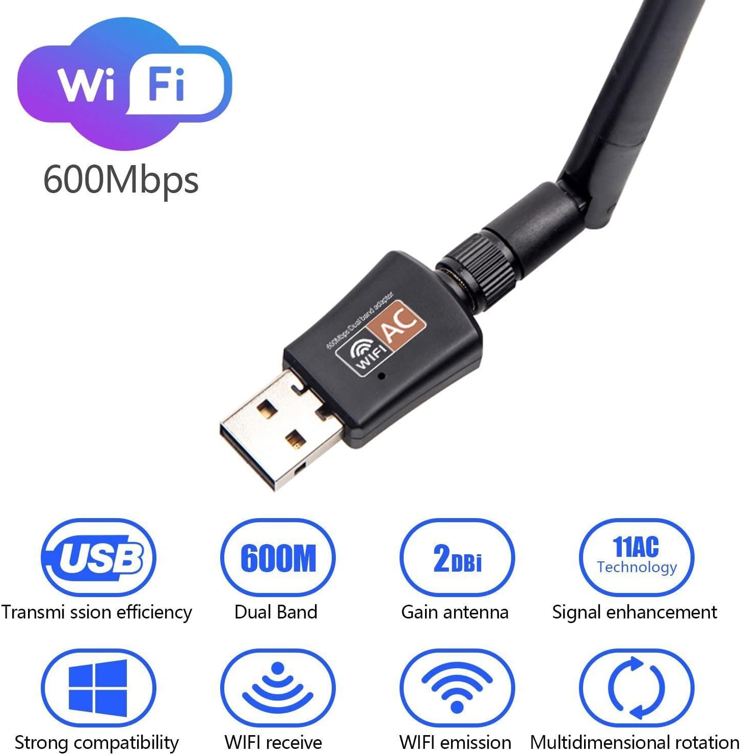 600Mbps Dual Band 2.4/5GHz Internet USB WiFi Adapter, Laptop Wireless Receiver Network Dongle with Antenna, Compatible with Windows 11.10/8/7/XP/VISTA, MAC, Linux