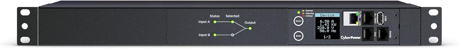 CyberPower PDU44005 Switched ATS PDU, 100-120V, 20A (Derated to 16A), 10 Outlets, 1U Rackmount