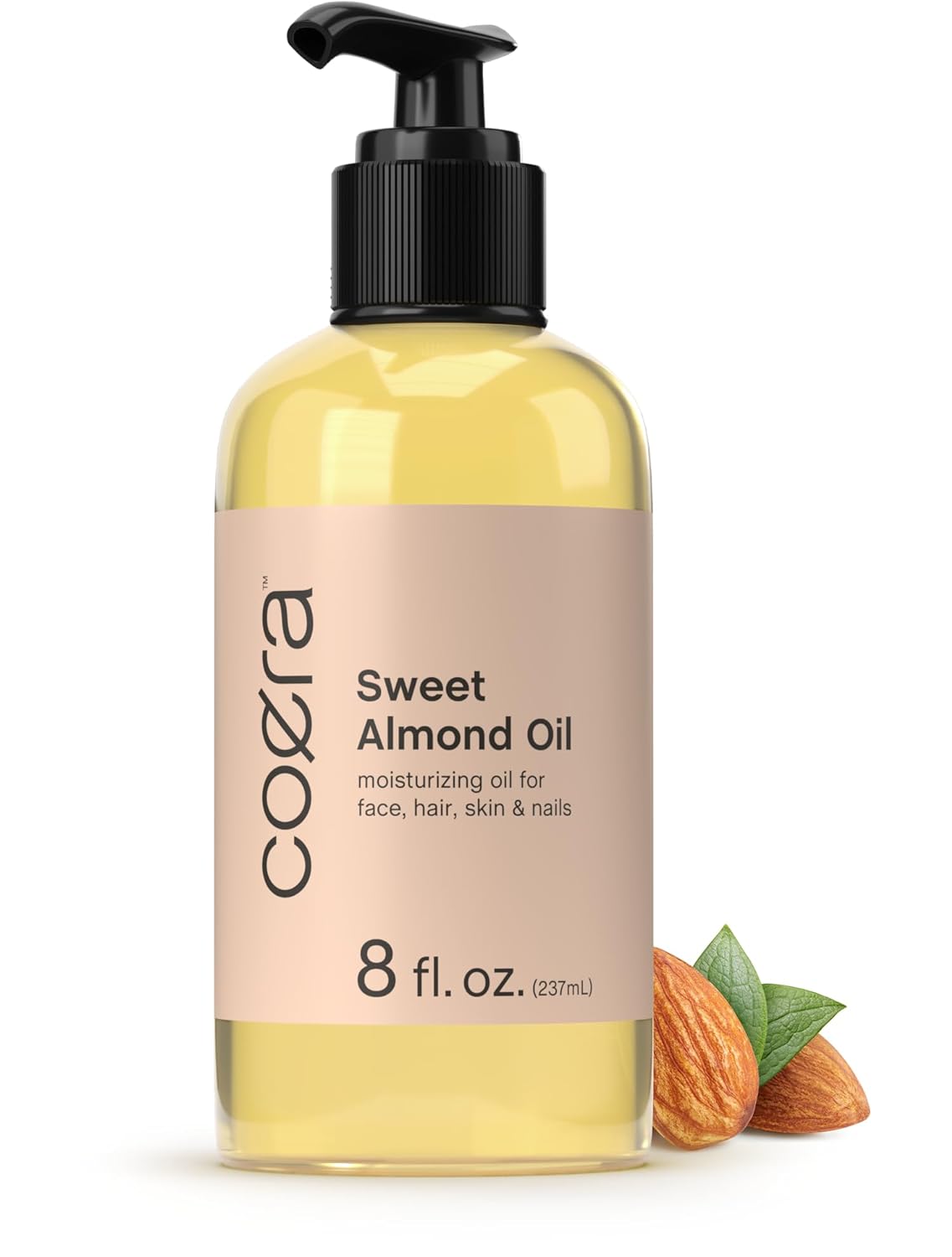 Coera Sweet Almond Oil for Face, Hair, Skin & Nails | 8 fl oz | Cold Pressed | Carrier Oil | Free of Parabens, SLS, & Fragrances