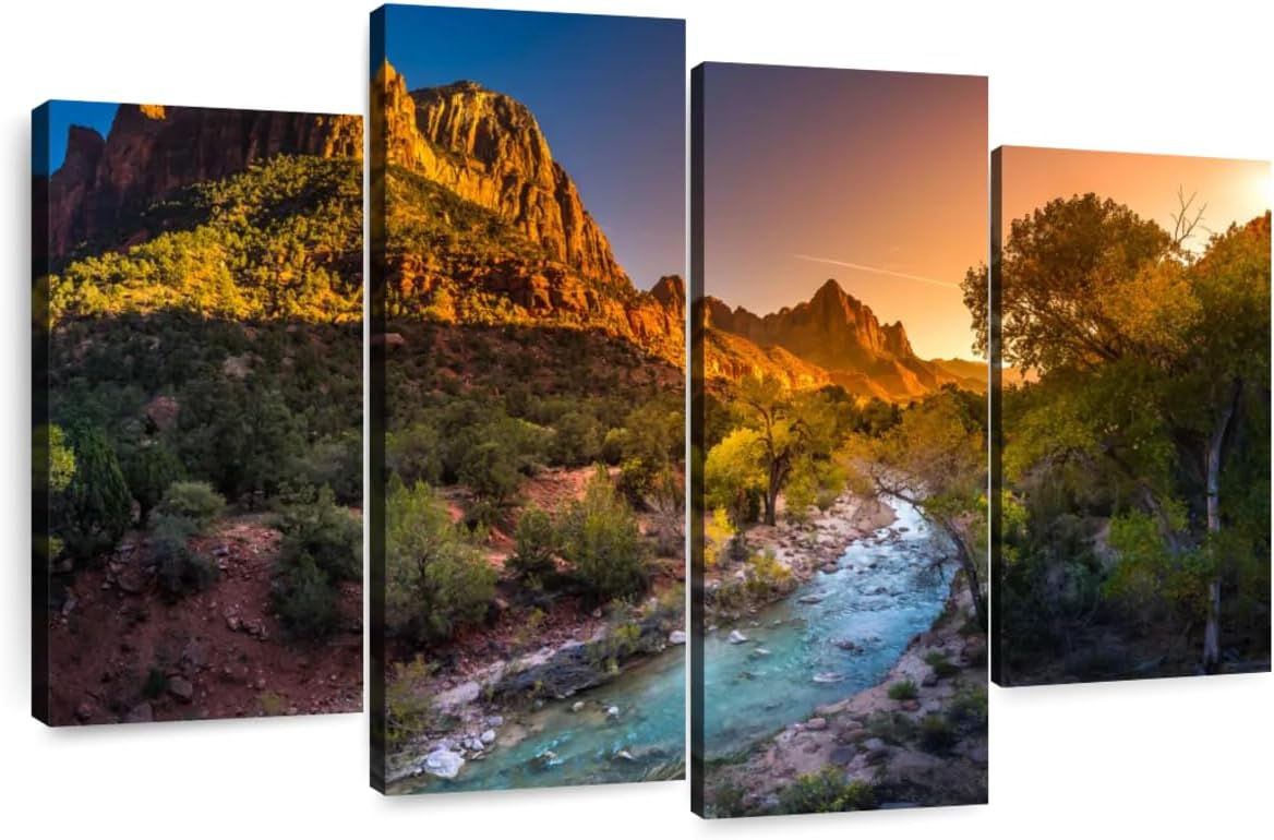 Elephant Stock Zion National Park River Wall Art – Horizontal Canvas – 4-Piece Living Room Wall Decor – Nature Photography Canvas Print – Orange and Blue Decor for Wall – 52″ X 32″