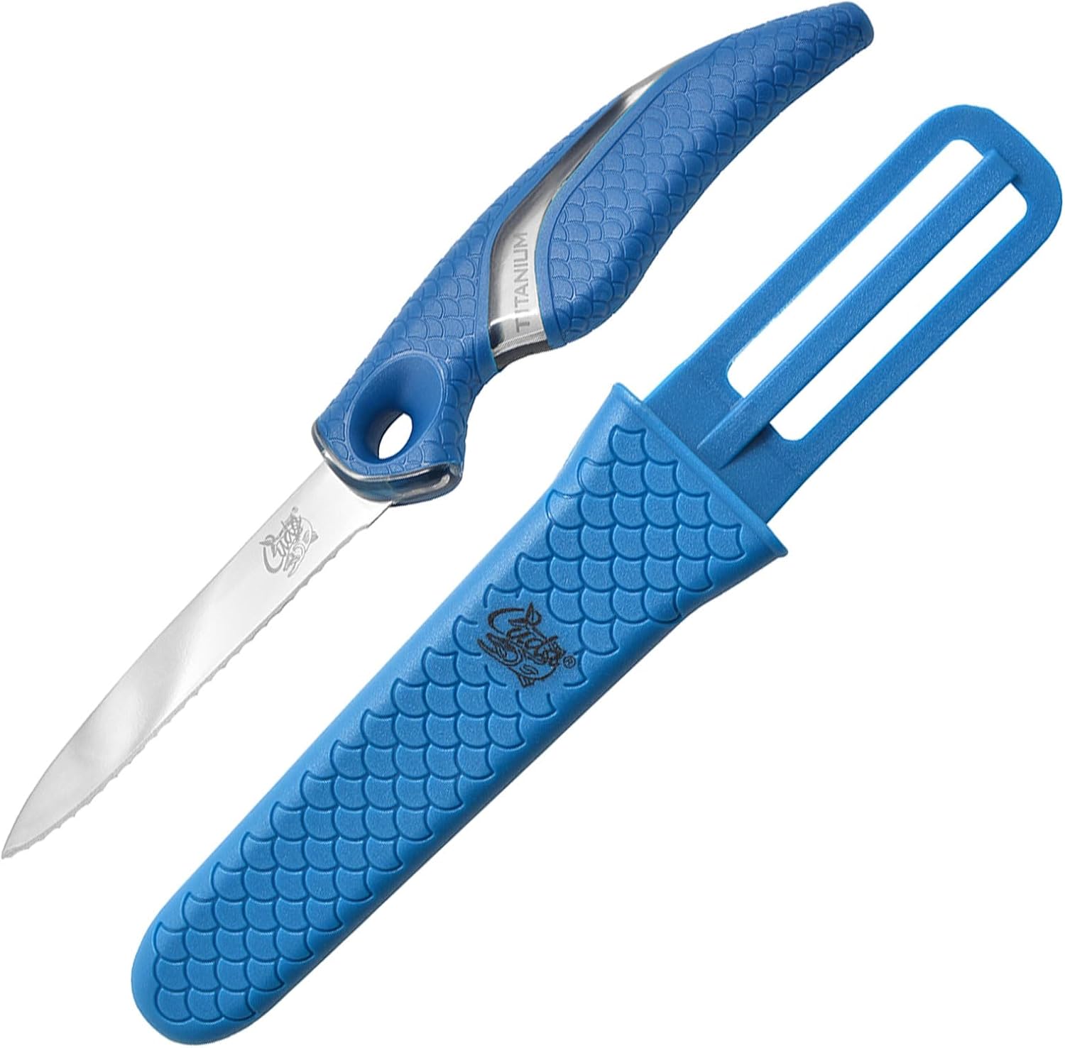 CUDA 3″ Net Knife Saltwater & Freshwater Serrated Edge Titanium Bonded Stainless Steel Blade Knife with Non-Slip Scale Pattern Grip | Sheath Included